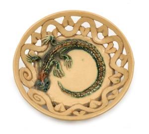 MARGUERITE MAHOOD pierced pottery dragon bowl, incised "Marguerite Mahood", 4cm high, 15cm diameter