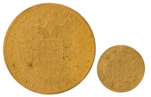 Austria - Coins: 1915 Franz Josef 4 ducats (restrike); also a 1 ducat (restrike), the smaller coin with mounting faults. Total weight: 17.4gms.