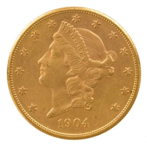 United States of America - CoinsTWENTY DOLLARS 1904, Liberty head, Double Eagle, with San Francisco Mint mark; nearly uncirculated.