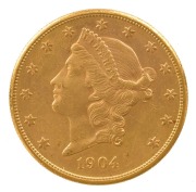 United States of America - CoinsTWENTY DOLLARS 1904, Liberty head, Double Eagle, with San Francisco Mint mark;&nbsp;nearly uncirculated.