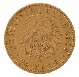 Germany - Coins: 1889 20 Mark King Wilhelm I, gold coin, EF.