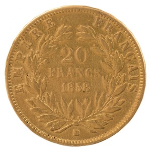 France - Coins: 20Fr Napoleon III, 1858 gold.