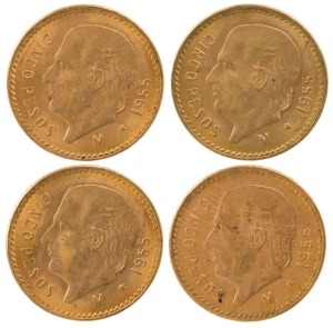 Mexico - Coins: Five Pesos, Miguel Hidalgo, gold, 1955 (4 examples).