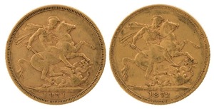 1871 and 1872 Sovereigns, Young head, St. George reverse, VF. (2).