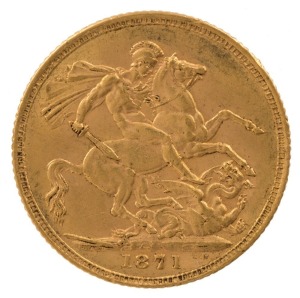 1871 Sovereign, Young head, St. George reverse, EF.