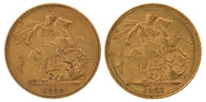 1883 & 1887 Sovereigns, Young head, St. George reverse, Melbourne, VF. (2).