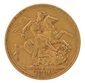 1880 Sovereign, Young head, St. George reverse, Melbourne, VF.