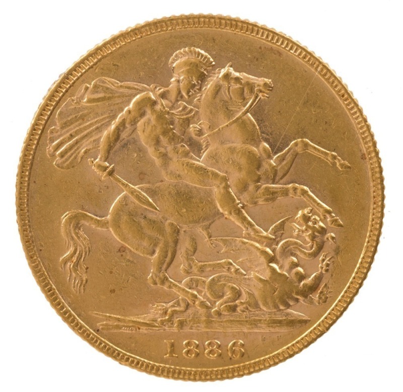 1886 Sovereign, Young head, St. George reverse, Melbourne, EF+