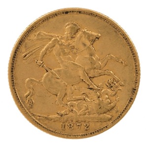 1872 Sovereign, Young head, St. George reverse, Melbourne, VF.