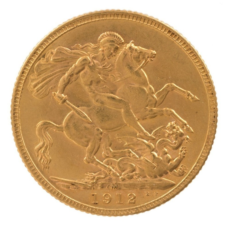 1912 Sovereign, George V, St. George reverse, Melbourne, Unc.