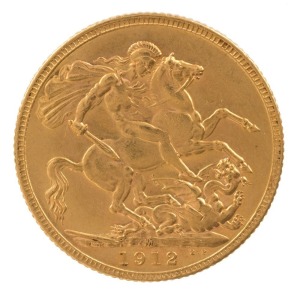 1912 Sovereign, George V, St. George reverse, Melbourne, Unc.