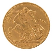 1912 Sovereign, George V, St. George reverse, Melbourne, Unc.