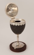 An antique sterling silver emu egg inkwell, adorned with wheatsheaf finial (note: later wooden base), made in London, circa 1886, 24cm high - 2