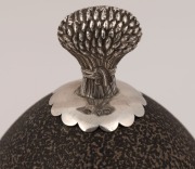 An antique sterling silver emu egg inkwell, adorned with wheatsheaf finial (note: later wooden base), made in London, circa 1886, 24cm high - 3