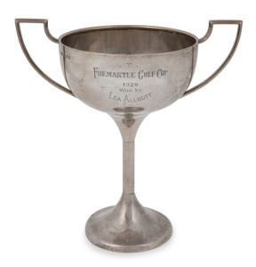 MOLE of Brisbane, Australian silver trophy cup, engraved "Fremantle Golf Club, 1928, Won By Lea Allnutt", stamped "Sterling Silver, M" with emu and cross pictorial marks, 18cm high, 235 grams