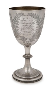 "N.A.V. RIFLE CLUB CHALLENGE TROPHY, Presented By CAPTAIN HIXON, To Be Won Three Times The Winner Of The Champion Gold Medal Of The Club To Hold Trophy For One Year" sterling silver trophy won by Lieut. M. J. Keating, three years in a row 1894-1896. 27cm high, 498 grams