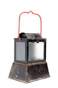 SIGNAL LAMP: Rectangular form with frosted glass lenses, black finish & red swing handle, c1920s. 31cm