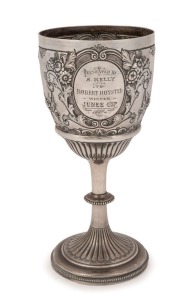 JUNEE CUP antique sterling silver trophy cup awarded to AILSA, engraved "Presented By S. Kelly To Robert Hoysted, Winner Junee Cup 1889", 24cm high, 416 grams