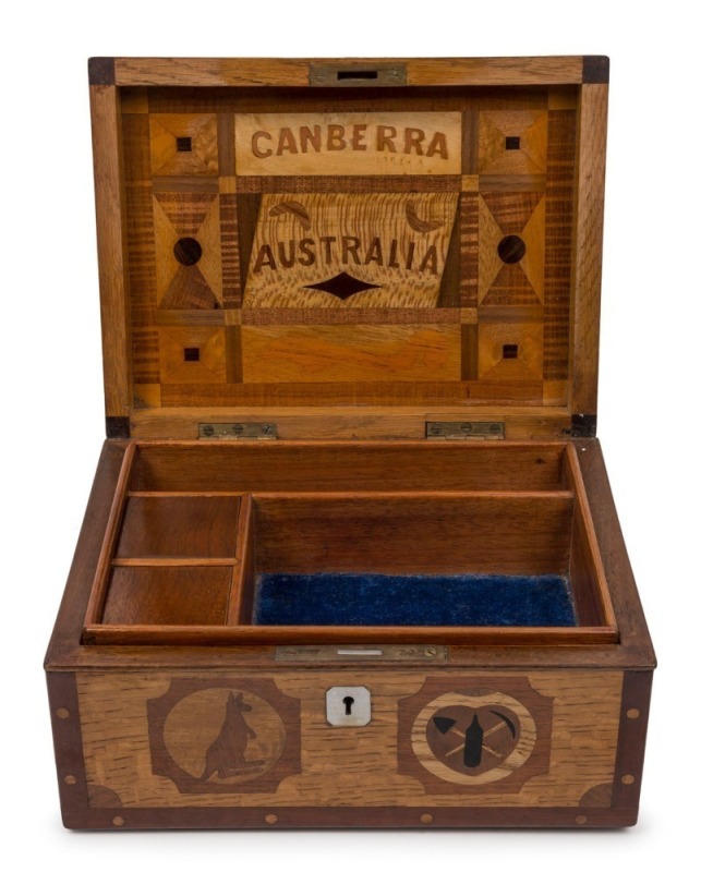 A folk art Australian specimen wood box with lift-out tray, emblazoned under the lid "Canberra, Australia", circa 1930, ​​​​​​​13cm high, 25cm wide, 19cm deep