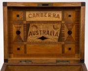 A folk art Australian specimen wood box with lift-out tray, emblazoned under the lid "Canberra, Australia", circa 1930, ​​​​​​​13cm high, 25cm wide, 19cm deep - 4