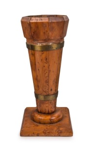 An unusual antique Colonial Australian huon pine urn of coopered construction with brass bound hoops, Tasmanian origin, 19th century, 25cm high