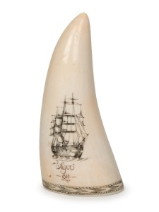 GARY TONKIN scrimshaw whale's tooth titled "Nigero, 1840", signed "Tonkin", 12cm high