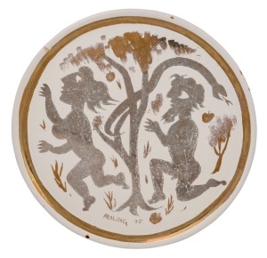 BERNARD HESLING (18905-1987), Adam and Eve, enamel metal circular plaque, signed lower centre "Hesling, '75", ​​​​​​​36cm diameter