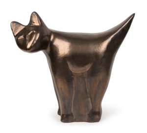 ARTIST UNKNOWN studio pottery cat statue with bronze glaze, 45cm high, 52cm wide.