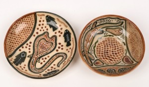 CARL COOPER two pottery dishes with Aboriginal motifs, incised "Carl Cooper", ​​​​​​​10cm and 9cm diameter