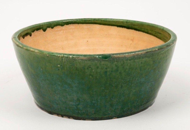 BOSLEY green glazed pottery bowl, impressed stamp to base, 10cm high, 25cm diameter