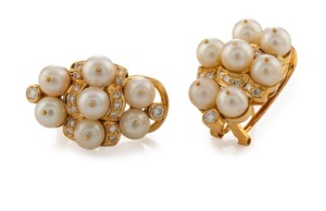 A pair of 18ct yellow gold earrings, set with 32 brilliant cut white diamonds and 14 x 5.5mm cultured pearls, stamped "750", 16.1 grams total