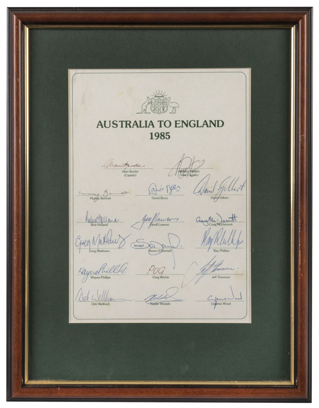 1985 AUSTRALIA to ENGLAND with 17 signatures [Allan Border, Captain; Andrew Hilditch, Vice Captain]; 1992 AUSTRALIAN CRICKET TEAM TOUR OF SRI LANKA with 16 signatures [Allan Border, Captain; Mark Taylor, Vice Captain]; 1992 Benson & Hedges World Cup AUSTR