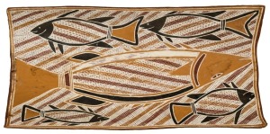 GUNINYBAL, Ratjuk and garkuyi, natural earth pigments on bark, Milingimbi Council label verso, ​​​​​​​78 x 37cm