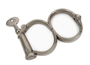 HIATT No.2 nickel plated figure eight handcuffs with original key, 19th century, 14cm wide overall