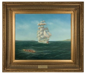 JOHN DOLLERY (1933-2014), "The Thomas Stephens", oil on canvas, signed lower left "J. Dollery", bearing plaque "THE THOMAS STEPHENS Port Phillip Bay Passenger Clipper regularly sailed between Liverpool & Australia By John Dollery", 51.5cm x 61.5cm, 74cm x