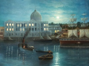 JOHN DOLLERY (1933-2014), "Customs House Brisbane", oil on canvas, signed lower right "J.&nbsp;Dollery", ​​​​​​​bearing plaque "Customs House Brisbane End of the first day of business 7th Sept 1889 by John Dollery" 92.5cm x 122cm, 116cm x 147cm overall &nbsp;