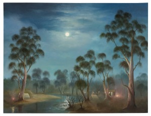 JOHN DOLLERY (1933 -2014), (bush settlement, full moon), oil on canvas, 91.5cm x 122cm. Provenance: Dollery family, by descent. This was Dollery's last painting. 
