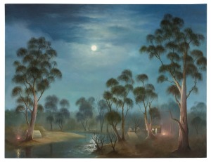 JOHN DOLLERY&nbsp;(1933 -2014), (bush settlement, full moon), oil on canvas, 91.5cm x 122cm. Provenance:&nbsp;Dollery family, by descent. This was Dollery's last painting.&nbsp;