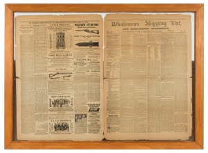 "WHALEMAN'S SHIPPING LIST, AND MERCHANT'S TRANSCRIPT, New Bedford, Tuesday Morning, May 10th 1887". Two page double-sided newspaper display, attractively framed and mounted, showing fascinating pictorial advertising and news of whaling commerce of the day