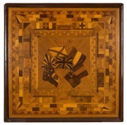"ALLIES" WW1 period marquetry table top, attractively crafted in Australian specimen timbers, 55 x 55cm