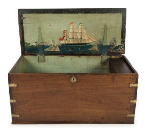 An antique ship's trunk made in teak with dove-tailed construction and brass fittings, attractively adorned with hand-painted nautical scene inside the lid, 19th century, ​​​​​​​44cm high, 93cm wide, 41cm deep