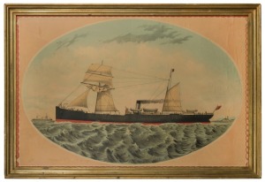 An antique coloured lithograph of a steam powered sailing ship, 19th century, ​​​​​​​67 x 98cm overall