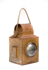SIGNAL LAMP: Square form with red & clear convex glass lenses, bronze painted finish, early 20th century. 28cm