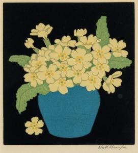 JOHN HALL THORPE (1874-1947), Primroses, woodblock print, signed lower right "Hall Thorpe", 18 x 16cm, 43 x 43cm overall