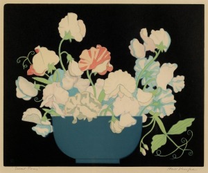 JOHN HALL THORPE (1874-1947), Sweet peas, woodblock print, signed lower right "Hall Thorpe", 25 x 30cm, 43 x 43cm overall