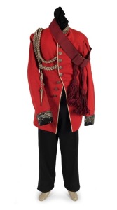Officer's red dress tunic and trousers, displayed on mannequin. 