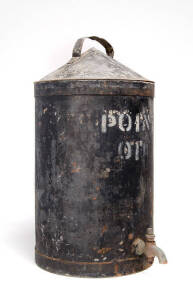 POINTS OIL CONTAINER: Cylindrical galvanized metal with original black finish. Ex Newport railway workshop, c1920s. 54cm