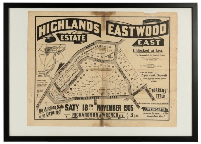 "HIGHLANDS ESTATE EASTWOOD EAST" 1905 real estate advertisement poster, 43.5 x 56cm, 53 x 73cm overall