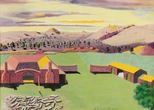 DARKIE HANSEN, (untitled Mission station scene), watercolour and gouache, signed lower right "Darkie Hansen", inscribed verso "Painted by Aboriginal in Western Style, 1964 by Darkie Hansen", ​​​​​​​25 x 34cm, 40 x 49cm overall