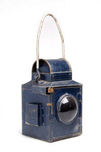 SIGNAL LAMP: Original blue painted finish with gold highlights. Possibly ex Spirit of Progress, late 19th to early 20th century. 28cm
